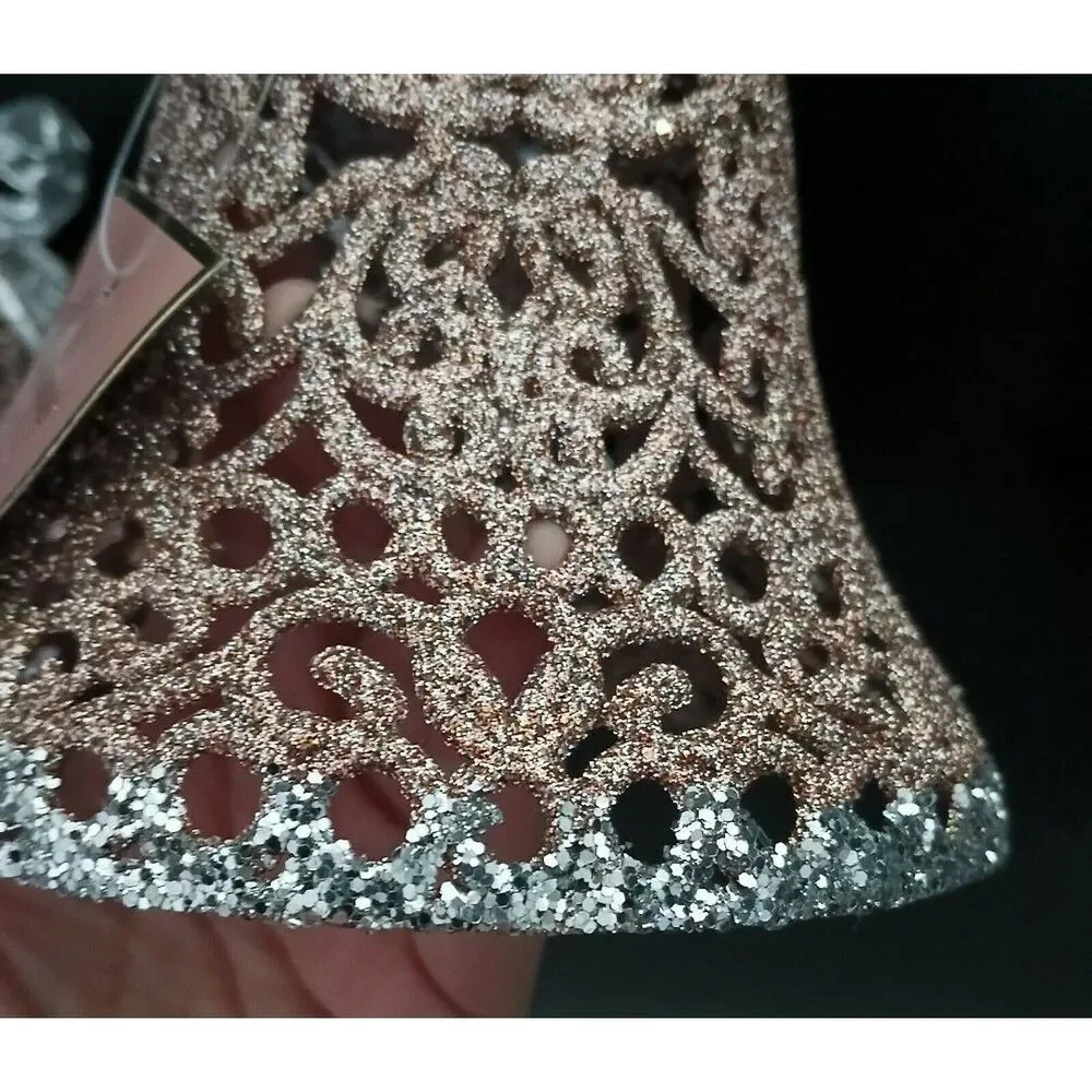 Holiday Hanging Bell Ornament Decorations Set of 4 Plastic Rose Gold/Glitter 6